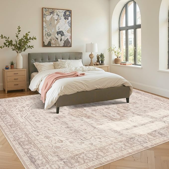 8x10 Washable Area Rug for Living Room & Bedroom, Extra Lager Soft Pink Rugs for Girls Women, Non Slip, Durable Low Pile Carpet, Vintage Carpets for Office, Dining Room, Farmhouse and Kids Room