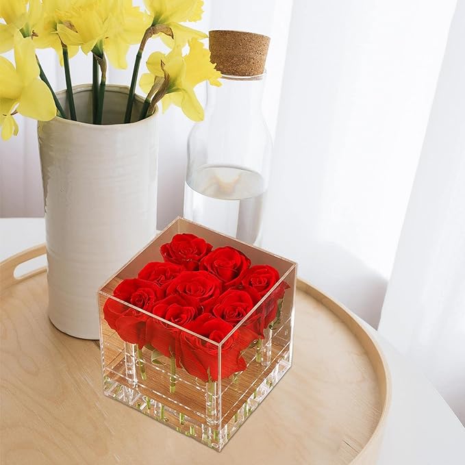 Acrylic Vase Acrylic Flower Box Decorative Square Vase Water Holder Makeup Organizer with Removable Lid and 16 Holes for Suitable for Wedding Party Bi