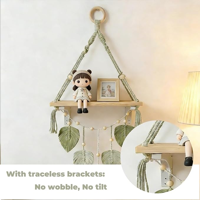 Wooden Floating Shelves for Room Wall, Hanging Storage Organizer, Boho Wall Decor, Plant Shelf for Bathroom, Bedroom, Office, Kitchen, Living Room, Dorm (Green, 2 PCS)