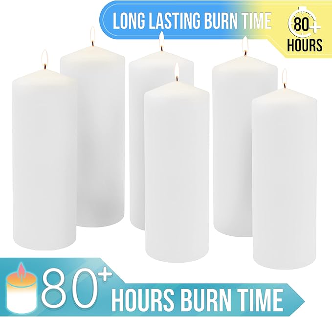 Stonebriar 6 Tall 3 x 8 Inch 80 Hour Long Burning Unscented White Wax Pillar Candles (Pack of 2, 12 Count Total)