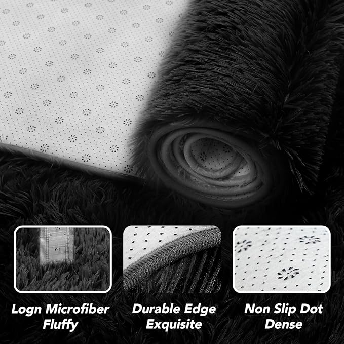 Fluffyrug 7x10 Area Rug for Living Room: Black Area Rug 7 X 10 Rugs for Living Room - Shag 7x10 Modern Indoor Soft Shaggy Fuzzy Floor Carpet for Bedroom