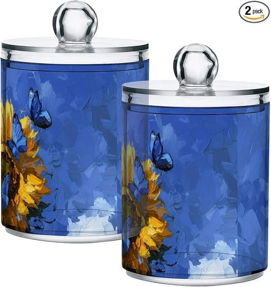 2 Pack Apothecary Jars Yellow Sunflower and Butterfly Bathroom Vanity Storage Organizer Set,Small Clear Plastic Storage Jars Bathroom Canister for Cotton Swabs, Rounds, Balls, Qtips,Makeup Spon