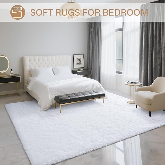BENRON Fluffy Rugs for Living Room 5x8 White, Washable Large Area Rugs for Bedroom Dining Table Office Kids Nursery Room, Washable Indoor Floor Carpets