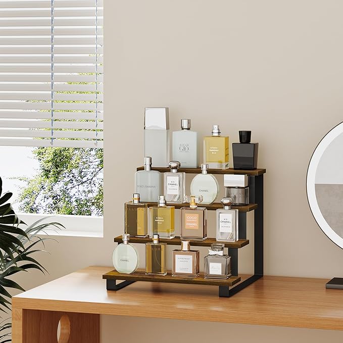 YINMIT Wooden Display Riser Stand,15.75 Inch Tiered Perfume and Cologne Organizer Stand, 4 Tier Spice Rack Organizer, Rustic Display Shelf for Cupcake, Figures, Candles (4 Tier Brown, 15.75 In)