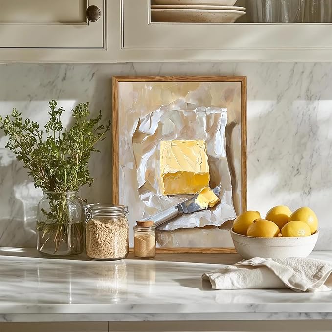 Framed Kitchen Wall Art, Vintage Butter Wall Decor Pictures, Rustic Farmhouse Food Paintings Canvas Prints for Dining Room Living Room Home Decoration 16x24 inch