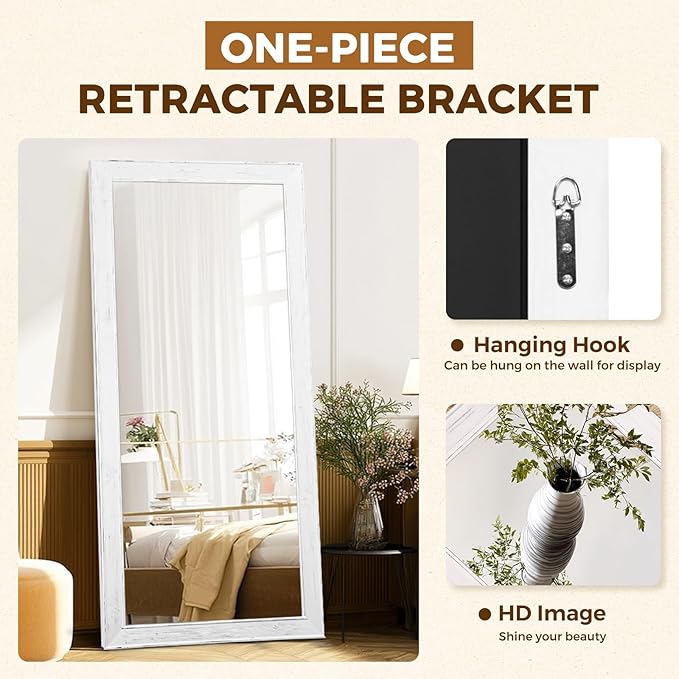 Oversized White Full Length Mirror 71"x32" - Solid Wood Beveled Frame Wall Leaning or Hanging Mirror - Rustic Farmhouse Style for Bedroom, Entryway, Living Room