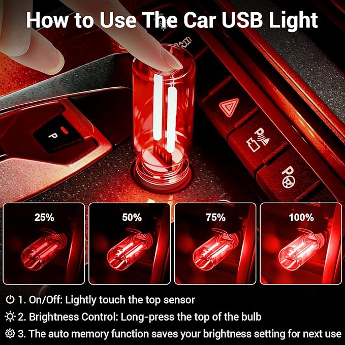2 PCS Car USB Light Bulbs, Retro Glass Bottle LED Night Lamp with Touch Dimmable Control, Portable Interior Ambient Lighting for Vehicle, Bedroom, Hallway, Camping, Gift for Christmas or Birthday,Red