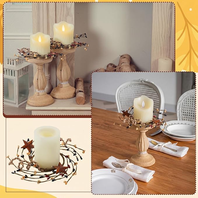 Daifunli 2 Pcs Primitive Pip Berry Candle Ring Rusty Stars Candle Wreath Ring for Pillar 3.9 Inch Candles Holder for Wedding Season Dining Table Centerpiece Decor