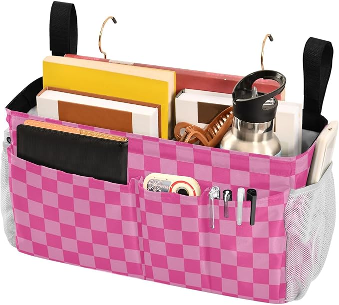 Pink Checkered Print Bedside Caddy Storage Bag Bedside Organizer for Bunk Bed Headboards College Organizer Caddy Hanging Shelf 6 Pockets with Hooks for Drinks Magazine Phone Holder