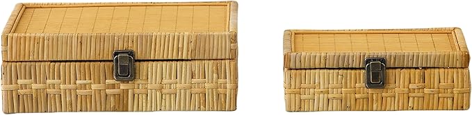SOFE Rectangular Rattan Box with Lid Set of 2 - Boho Decorative Basket for Shelf Bathroom Storage - Woven Bins Organizer for Jewelry, Snacks, Toys, Keys