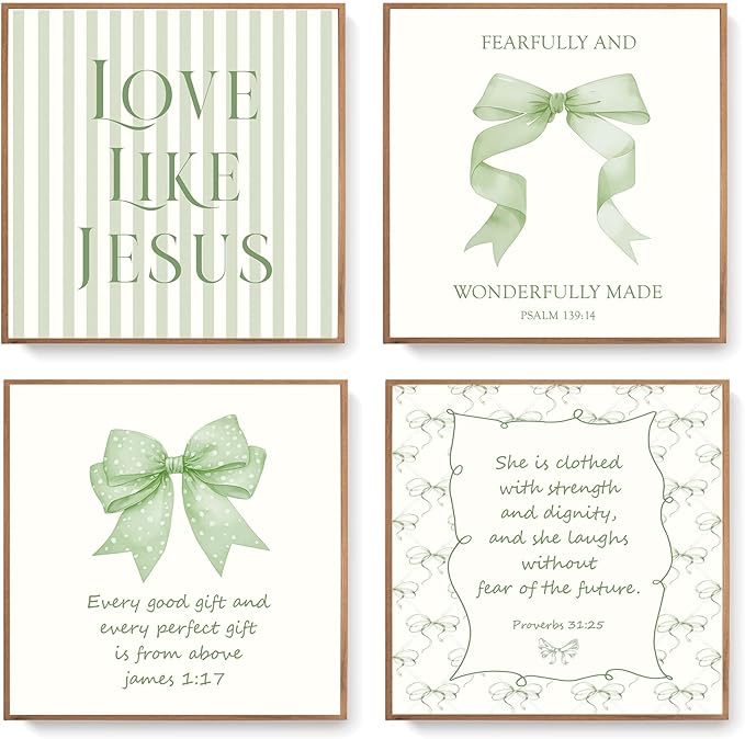 LARTSFRO Coquette Sage Green Bow Jesus Wall Art Decor Posters, Green Bow Christian Room Bedroom Bathroom Wall Art Decor Aesthetic for Teen Girls Gifts, Inspirational Bible Verses Bow Wall Decor, 10x10 Inch Set of 4 Bow Pictures(UNFRAMED)