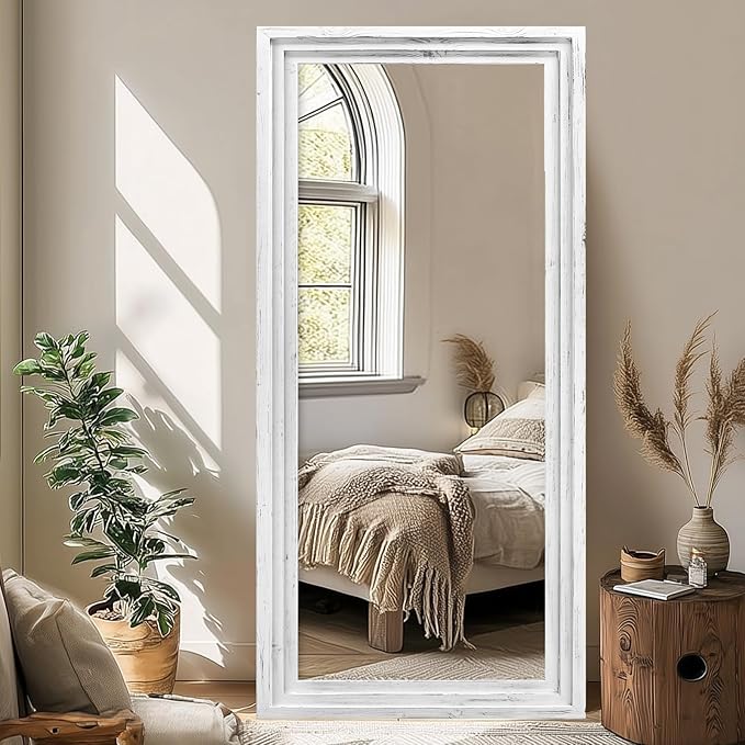 Full Length Wood Mirror 71x30 - Rustic Solid Wood Floor Mirror with Triple Layer Frame, HD Tempered Glass, Wall Mounted or Leaning Standing Mirror Vintage White Mirror for Bedroom Bathroom Living Room