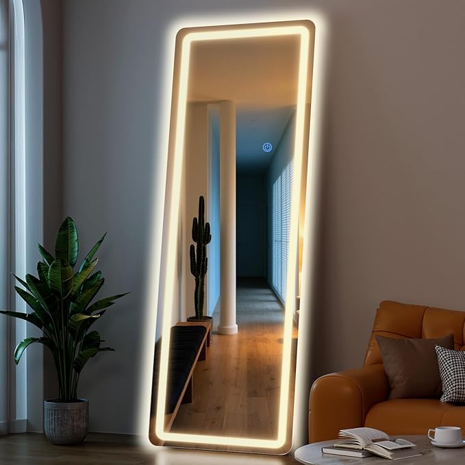 Standing Mirror Full Length with LED Lights, 65"x26" Lighted Mirror with Dimming & 3 Color Lighting, Tall Mirror Full Body for Bedroom, Dressing Room