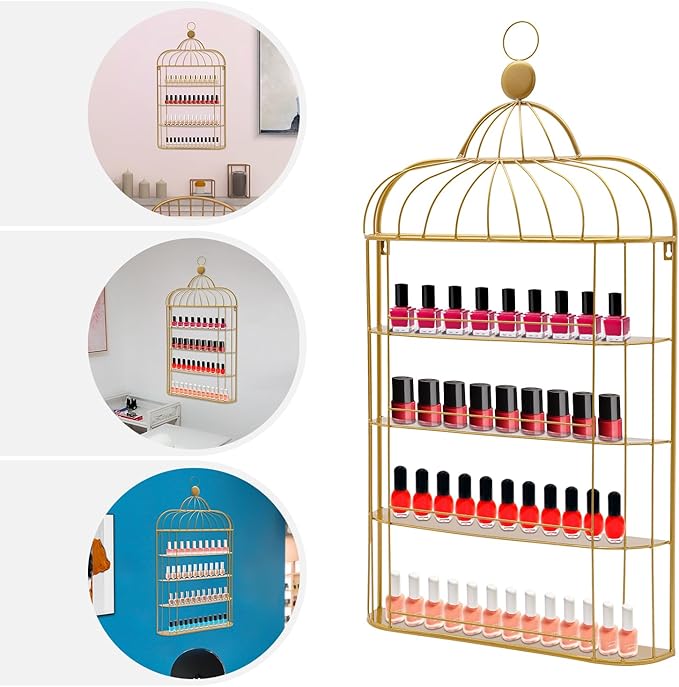 4-Tier Nail Polish Wall Racks 20 * 37 Inch Hold Up to 200 Bottles Birdcage Iron Nail Polish Shelf Organizer Wall Mounted 4 Rows (Gold)