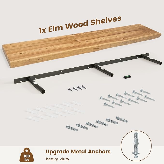 Venusmiles Live Edge Elm Floating Shelves for Wall Decor, Rustic Solid Wood Shevles Wall Mounted with Invisible Bracket for Living Room Bathroom Bedroom Kitchen, 55 Inch Set of 1, Natural