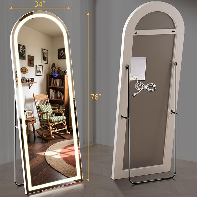Arch Full Length Standing Mirror with LED Lights, 76"x34" Lighted Mirror with Dimming & 3 Color Lighting, Tall Mirror Full Body for Bedroom, Dressing Room