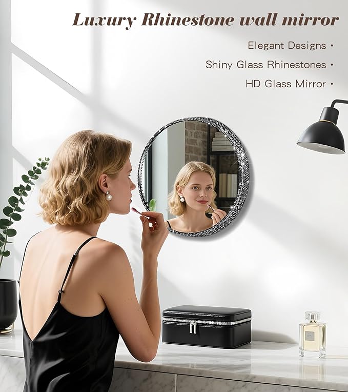Crystal Diamond Wall Mounted Mirror Black Makeup Mirror 12inch Round Bing Mirror for Bedroom Real Glass Mirror for Wall Decor