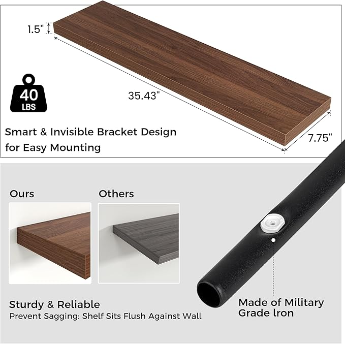 Venusmiles Floating Shelves for Wall 36 inch Long, Engineered Wood Wall Shelves with Invisible Brackets for Living Room Bedroom Bathroom Office Kitchen Decor and Storage, Walnut Finish, Set of 2