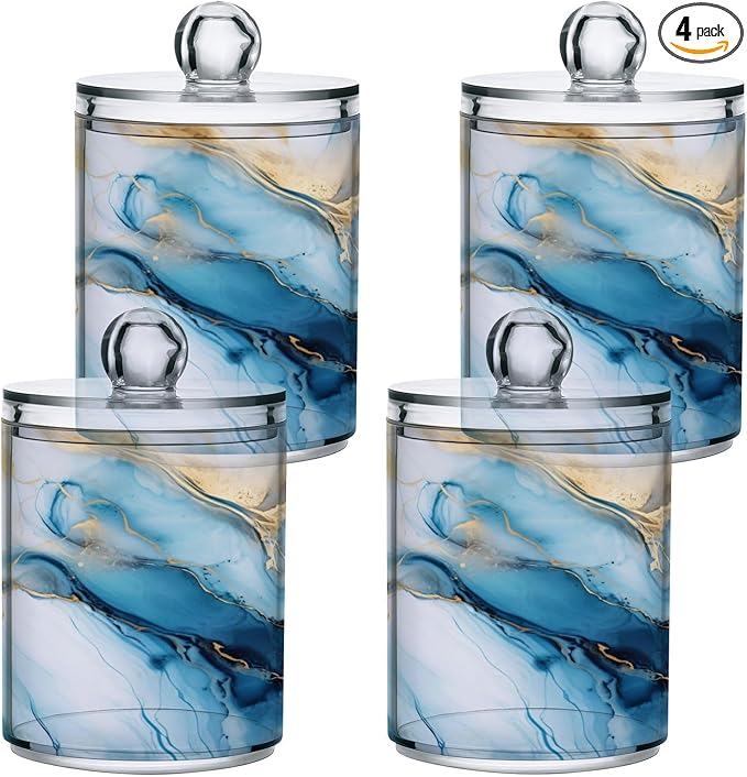 4 Pack Qtip Holder Dispenser Gold Marble Blue Fluid Marble Cotton Ball Swab Round Pads Floss Clear Bathroom Storage Containers Plastic Apothecary Jars with Lids