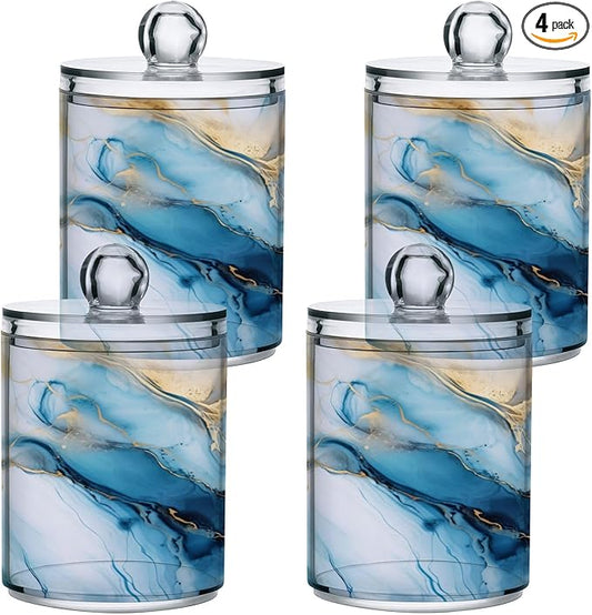 4 Pack Qtip Holder Dispenser Gold Marble Blue Fluid Marble Cotton Ball Swab Round Pads Floss Clear Bathroom Storage Containers Plastic Apothecary Jars with Lids