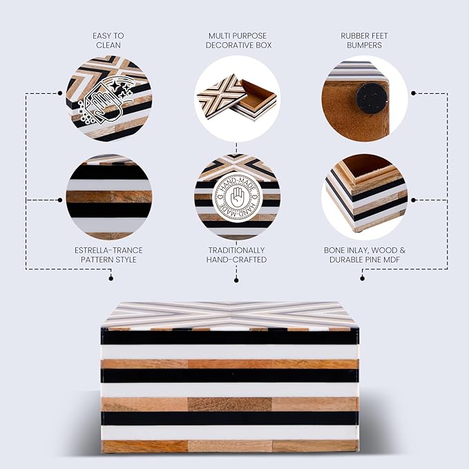 Handicrafts Home Large Decorative Storage Box with Lid – Black White Wood Coffee Table Storage Box Organizer, Storage Boxes for Home Decor, Resin Inlay Wooden Keepsake Memory Box – Chevron 12x8x5