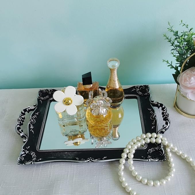 Rectangle Decorative Mirror Tray, French Style, Makeup Organizer, Jewelry Organizer, Serving Tray, 9.5"x 14.9", Silver Black