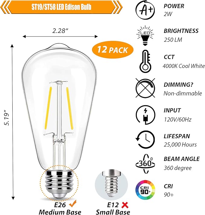 4000K Cool White LED Edison Bulbs 25W Equivalent, Low Wattage 2W ST19 LED Light Bulbs, Replacement Bulbs for Ceiling Light Fixtures, E26 Base, 250LM, Non-dimmable, Pack of 12