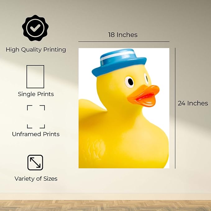 InkFlow Posters Rubber Duck With Hat Poster - Playful Bath Toy Illustration - Bright Modern Character Design - Bathroom Nursery Wall Decor Accent - 18x24 Unframed Canvas Print