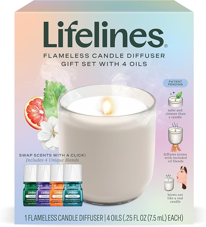 Lifelines Flameless Candle Aromatherapy Essential Oil Diffuser with 4 ClickWick Essential Oil Blends Value Pack - Cordless & Waterless Diffuser for Home - Scented Electric Candles Blow Out Flame