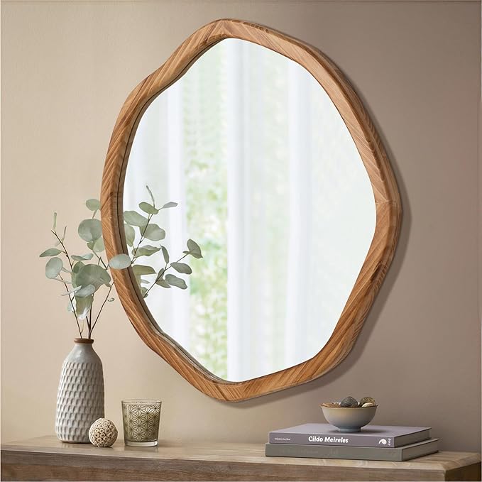 ULIKE Round Wood Mirror, 30 Inch Irregular Circle Vanity Wall Mirror with Wooden Frame, Rustic Decorative Wall Mount for Bathroom Bedroom Living Room Entryway, Rustic Brown