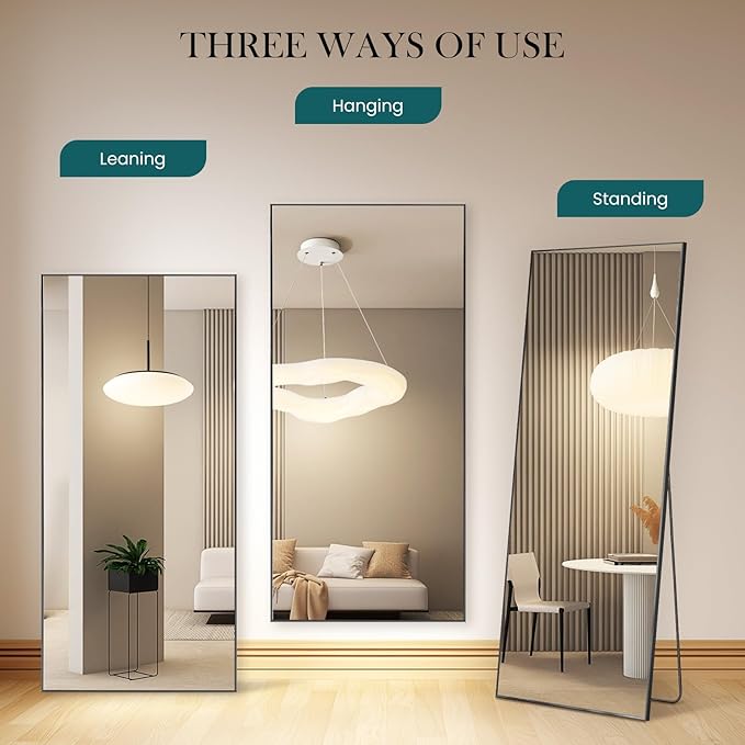DUMOS Full Length Mirror with Stand 70.4"x25.6" Floor Standing Aluminum Frame for Bedroom Body Hanging Leaning Modern Simple Home Decor Shatter-Proorf Nano Glass Wall Living Room Cloakroom Black