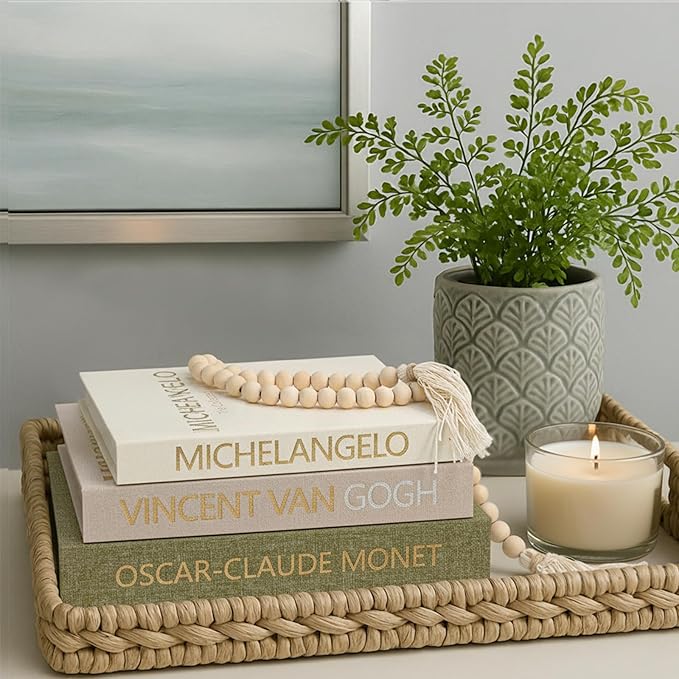 Aesthetic Decorative Books for Home Decor w. Wood Bead - Set of 3 Linen Fake Books for Decoration, Coffee Table Book Box Decor for Mantle/Bookshelf/Farmhouse/Entryway/Nightstand