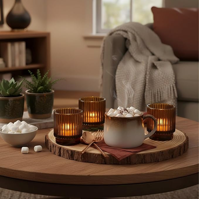 16 Pcs Large Amber Votive Candle Holders, Tealight Ribbed Candle Holders Glass for Thanksgiving Decorations, Amber Glass Candle Holder, Vintage Boho Christmas Table Decorations,