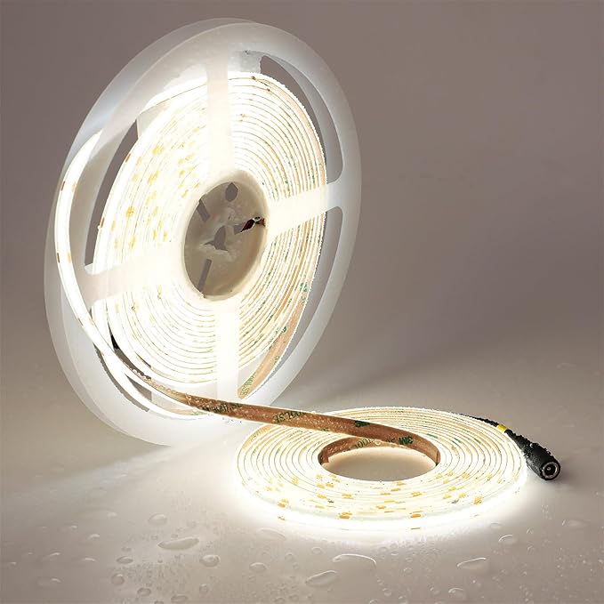 TOPAI 24V COB LED Strip 32.8ft Daylight White 5000K Outdoor Waterproof Super Bright CRI>93 Self Adhesive Uniform Dotless 384LEDs/M Cuttable Flexible for Cabinet Home Office DIY Lighting