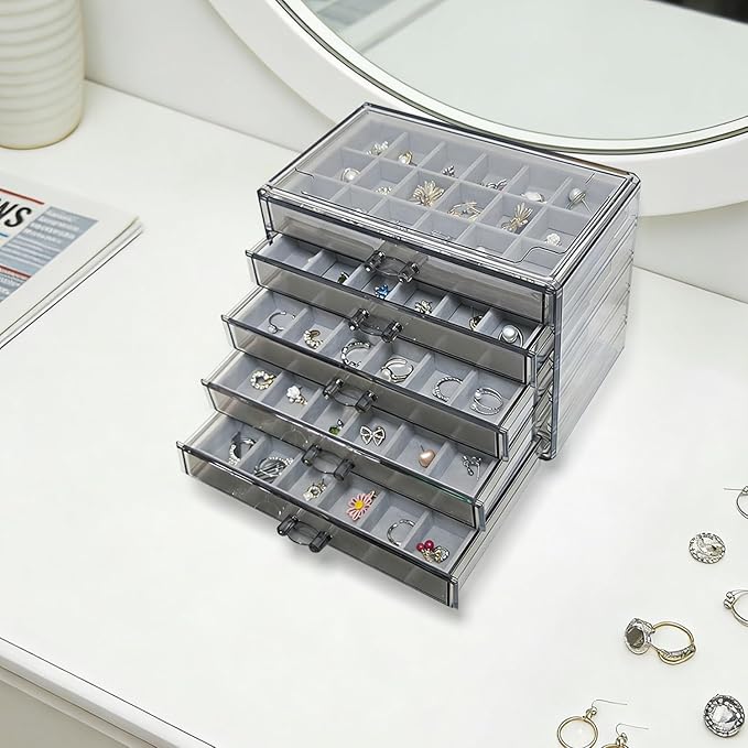 Acrylic Earring Holder Organizer with 5 Drawers Clear Earring Organizer Box with 90 Adjustable Grids Velvet Earring Display Case Jewelry Organizer for Earrings Rings Studs (Brown Gray)