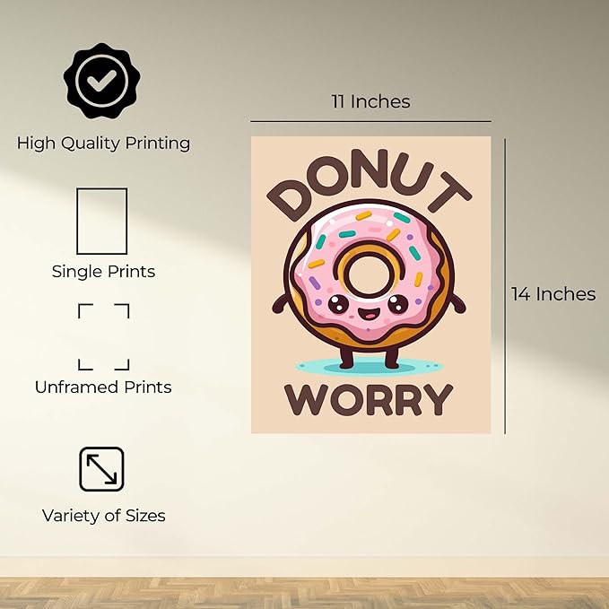 InkFlow Posters Donut Worry Poster - Smiling Donut Illustration - Playful Kawaii Food Art - Kids Bedroom Playroom Kitchen Decor - Cheerful Cartoon Wall Print - 11x14 Unframed Canvas Print
