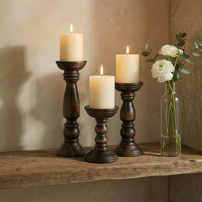 Farmhouse Wooden Candle Holders for Pillar Candles Set of 3, Rustic Wood Candle Holder Table Centerpiece Decor, 12'' 9'' 6'' Vintage Tall Candle Stand Decorative, Dark Brown
