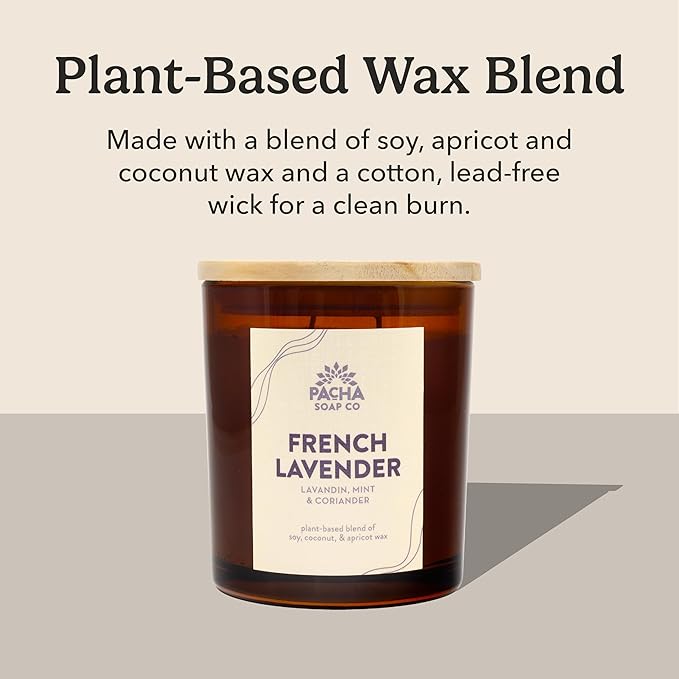 Pacha Soap Co. French Lavender Candle - Lavandin, Mint, and Coriander Scented, Soy, Coconut & Apricot Wax Blend, Cotton Wick, 40+ Hour Burn Time, Long-Lasting, Recyclable, Made in The USA, 7 oz