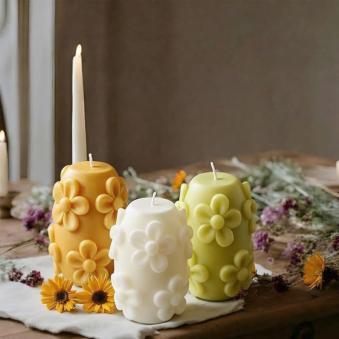 Lyrow 3 Pcs Daisy Pillar Candles 3D Embossed Floral Candle Set 3'' H Easter Decorative Candles for Spring Wedding Home Dinner Decor Housewarming Gifts