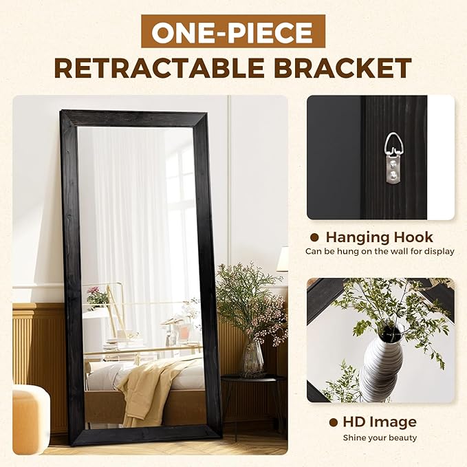 Oversized Black Full Length Mirror 71"x32" - Beveled Solid Wood Frame Wall Mounted or Leaning - Modern Minimalist Dressing Mirror