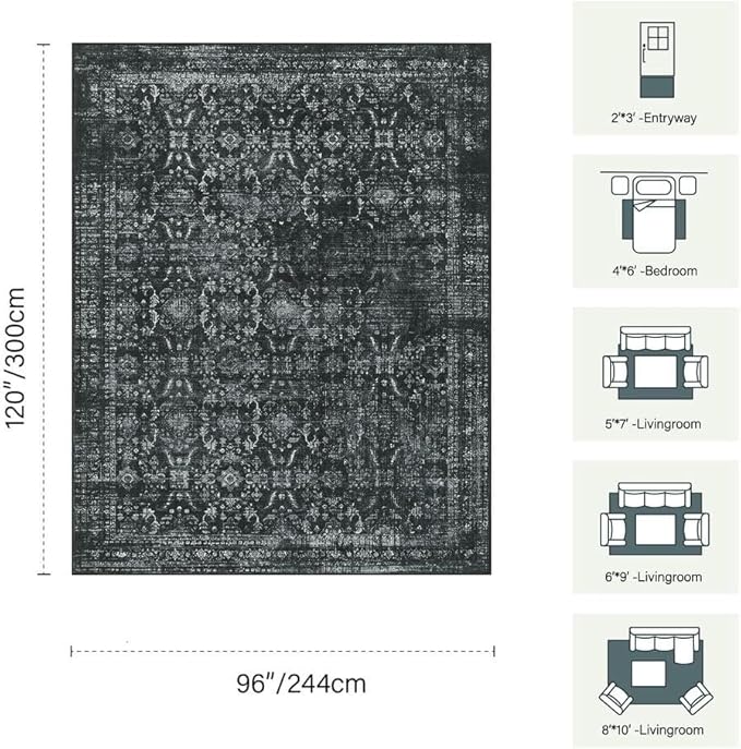 Rugxara 8x10 Area Rugs for Living Room Bedroom, Large Washable Rug, Black Vintage Floral Boho Rug, Non Slip & Low Pile Faux Wool Thin Carpet for Indoor Dining Room and Kids Room(Black 8x10ft)