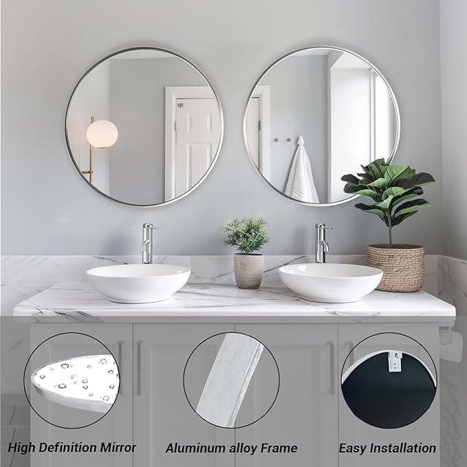 Sunniry Silver Round Mirror 26 inch, Silver Circle Mirror with Aluminum Frame, Circle Wall Mirrors for Bathroom, Living Room, Hallway, Bedroom.