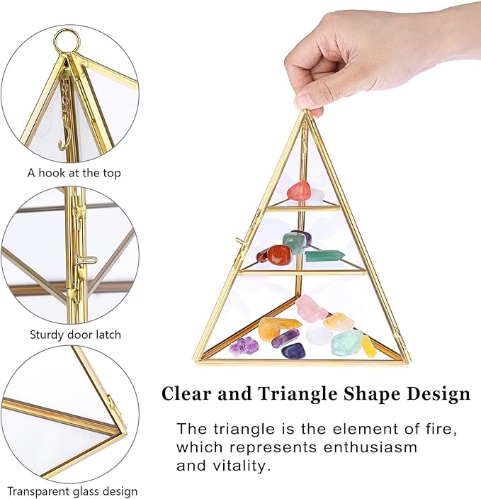 ELLDOO 3 Tier Glass Display Case for Collectibles, Triangular Crystal Display Shelf, Crystal Holder Decorative Display Tray for Crystals Healing Stones Marbles, Gold Metal Jewelry Display Stand