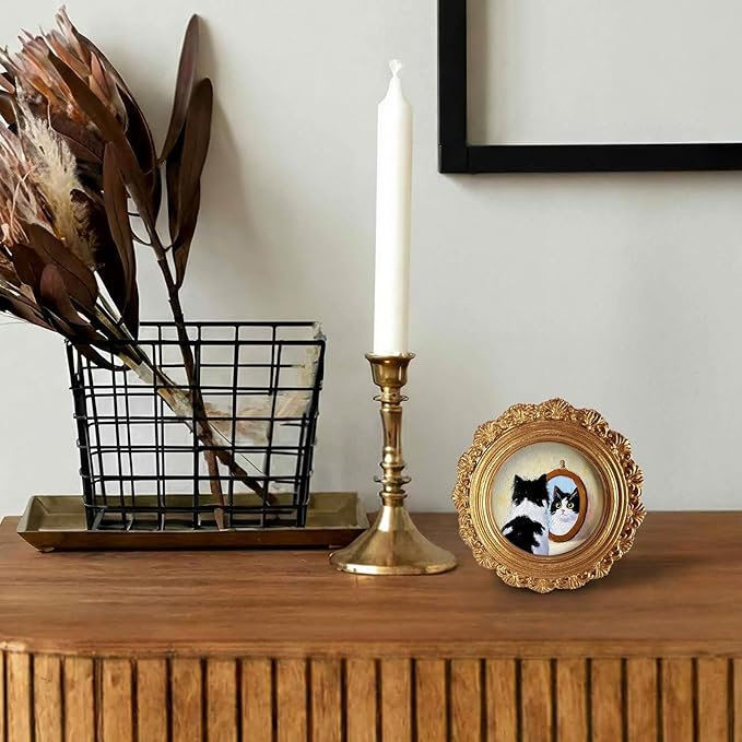 Small Funny Cat Mirror Round Picture Frame Wall Decor, Black White Cat Gold Mini Ornate Photo Frame for TableTop Desk 2.7in Photo, Whimsical Vintage Framed Artwork for Walls Office Bedroom