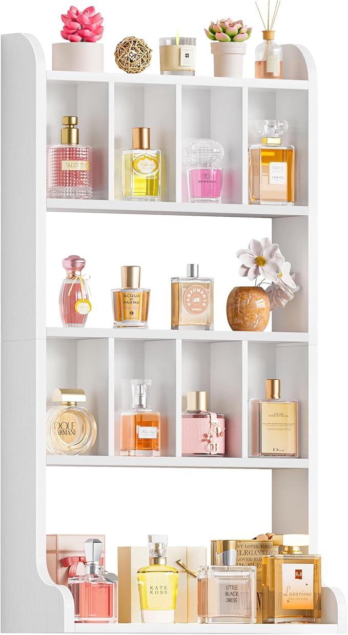 Keebofly Perfume Organizer Wall Mount & Large Cologne Display Case - Wooden Multi-Tier Trinket Shelf for Fragrances, Collectibles, Figures, Miniatures, Cosmetics and Shot Glasses, White