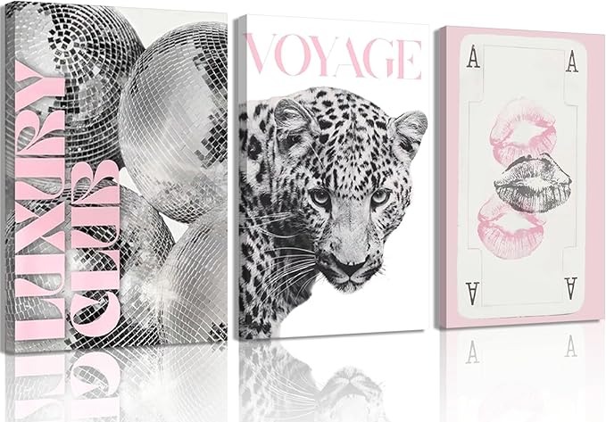 3pcs Pink Fashion Leopard Canvas Wall Art,Black and White Cheetah Pattern Printing Poster pictures,Funny Playing Card Lip Disco Ball wall decor for Girls' Room Living Room Bedroom 24x16in Framed