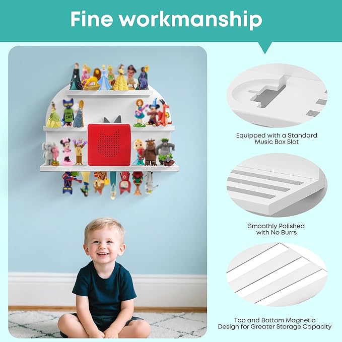 For Tonies Figures Shelf Magnetic,for Tonie box Wall Shelves,for Tonies Characters Organizer,Audio Toy Storage (Holds 45 Figurine),Compatible Charging Station for Kid's Room,Pine,Arch,Large (White)