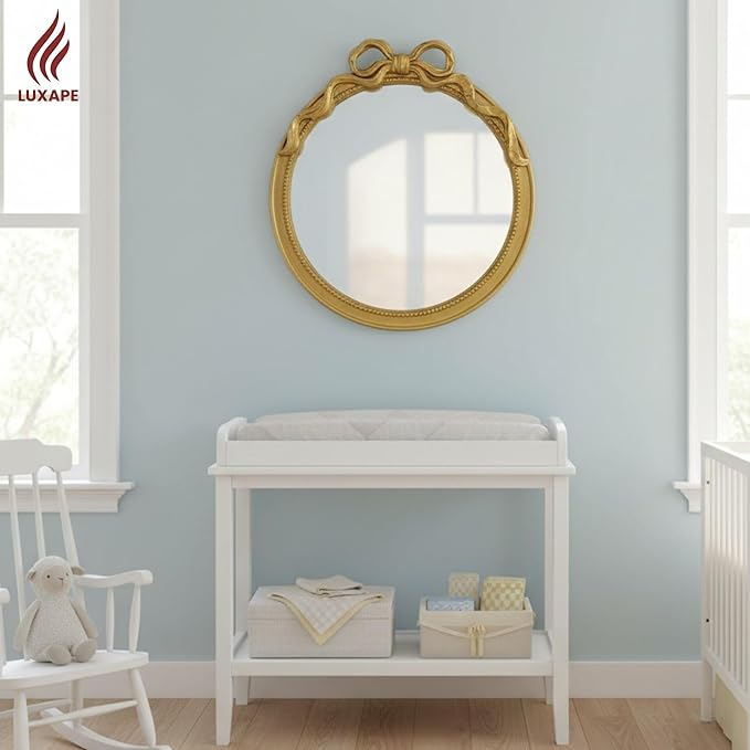 24-Inch Gold Bow Resin Mirror – Perfect Decorative Accent for Nursery and Elegant Baby Room Decor (Gold, 26x24in)