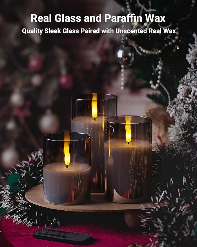 Stmarry Glass Flameless Candles with Remote and Timer, Flickering Real Wax LED Pillar Candles Battery Operated with 3D Flickering Flame - 3" x 4",5",6" - Set of 3 (Gray)