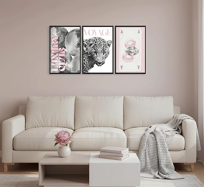 3pcs Pink Fashion Leopard Print Wall Art,Black and White Cheetah Pattern Canvas Poster,Funny Playing Card Painting,Lip Disco Ball Pictures Wall Decor for Girls' Room Living Room Bedroom 24x16in Unframed